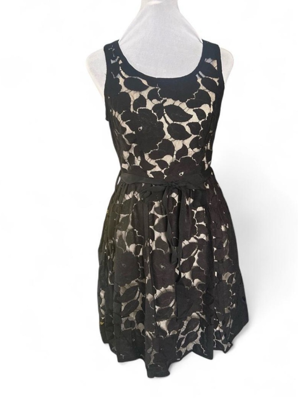 Black Floral Lace Round Neck Sleeveless Short Dress S Zip
